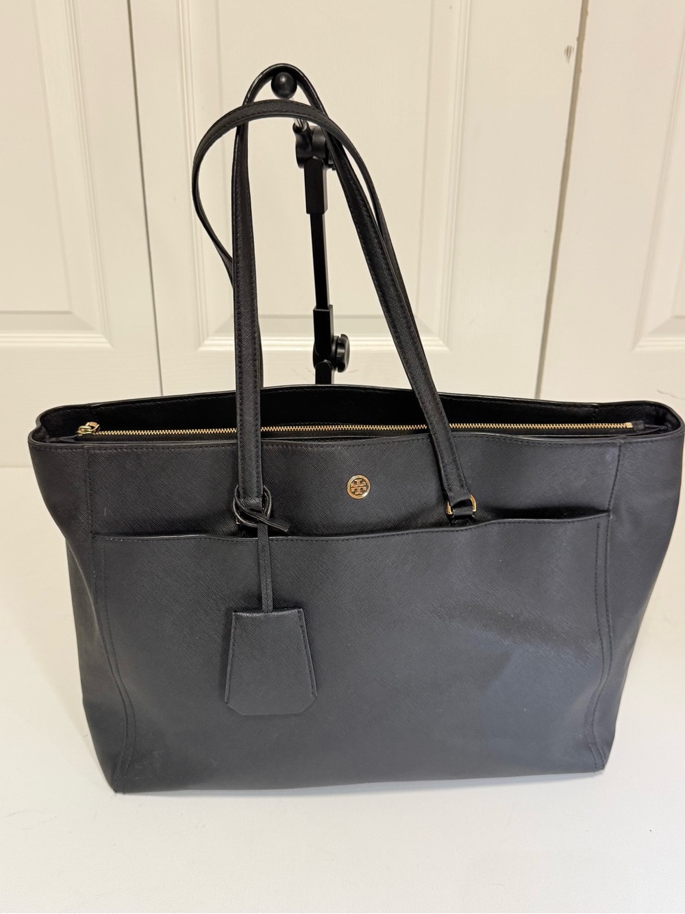 Tory Burch Black Saffiano Leather Emerson Large Zip Tote